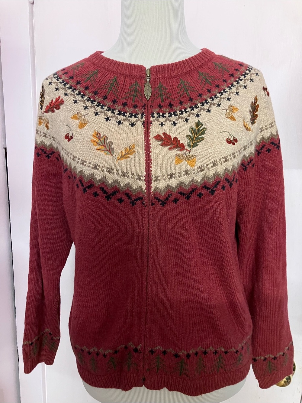 Women’s Wool Blend Fair Isle Sweater, PL, Rust/Cream, Autumn, Full Front Zipper